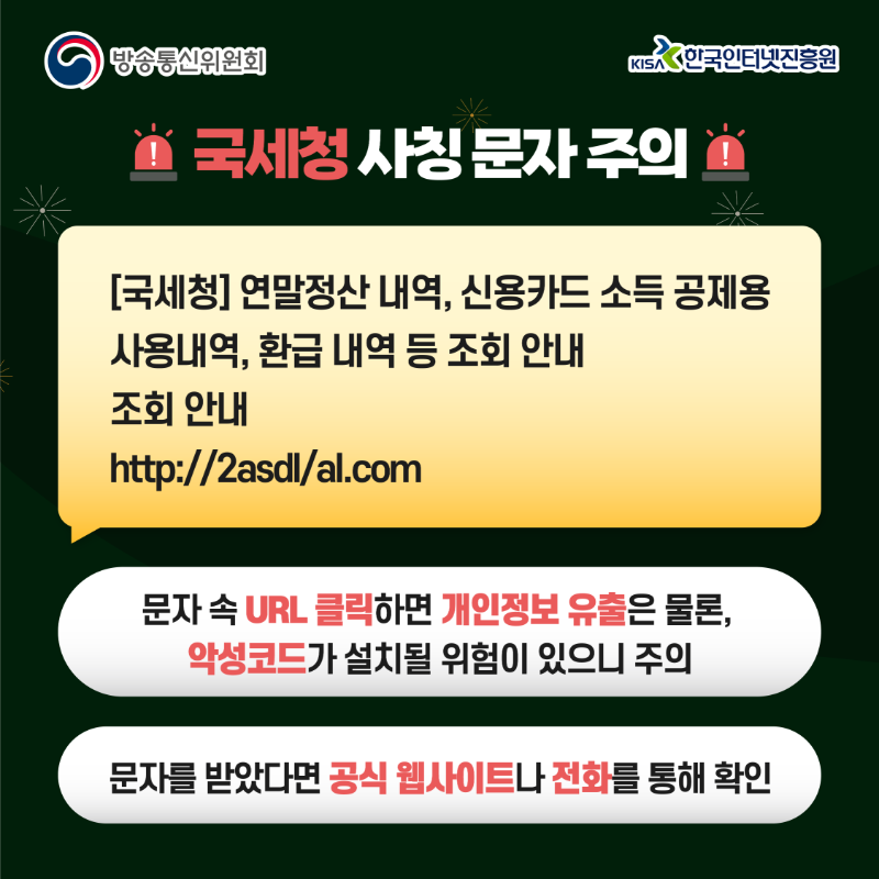 국세청 사칭 문자 주의 안내. '[국세청] 연말정산 내역, 신용카드 소득 공제 사용내역, 환급 내역 등 조회 안내'라는 내용과 함께 의심스러운 URL 'http://2asdl/al.com' 제시. 'URL 클릭 시 개인정보 유출 및 악성코드 설치 위험, 공식 웹사이트나 전화로 확인'하라는 문구 포함.